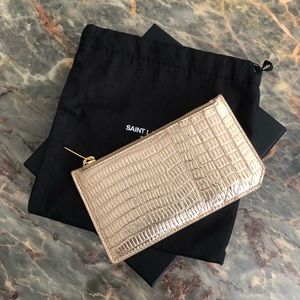 Auth YSL Fragments Gold Card Case W/BOX & DUST BAG